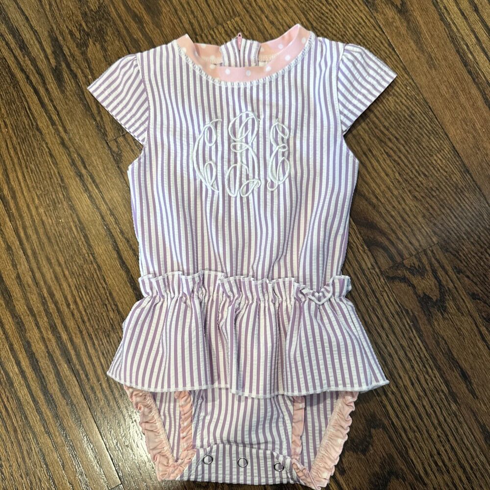 EUC Girls RuffleButts Bathing Suit Purple‎ Stripe With Pink Bow Sz 12-18 Months